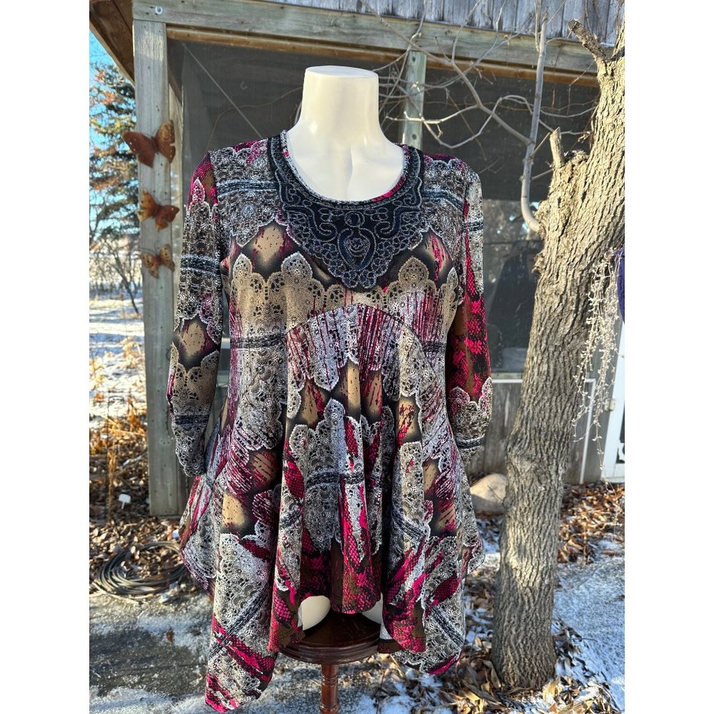 90s Initiatives Tunic Shirt Abstract Print Sequins Asymetric Hem 3/4 Sleeve Sz X
